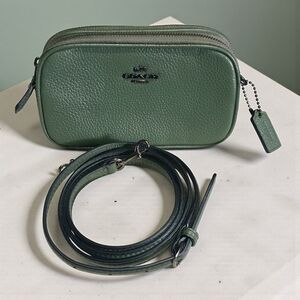 Coach Sage Green Pebbled Leather Mini Crossbody Bag Double Zip Gunmetal